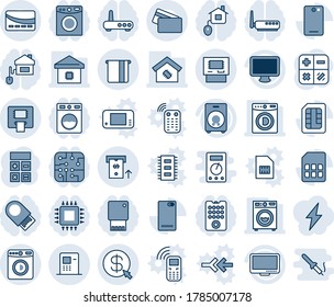 Blue tint and shade editable vector line icon set - washer vector, calculator, monitor, speaker, phone back, sim, atm, money click, smart home, credit card, control, chip, remote, router, usb flash