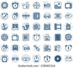 Blue tint and shade editable vector line icon set - elevator vector, alarm clock, tv, cafe, phone, star postcard, abacus, stamp, fireplace, film frame, vinyl, flame disk, gallery, money chest, coil