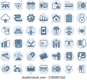 Blue tint and shade editable vector line icon set - plane radar vector, security gate, safe, lock, identity card, drip irrigation, bladder, sorting, barcode, chain, root setup, air conditioner, car