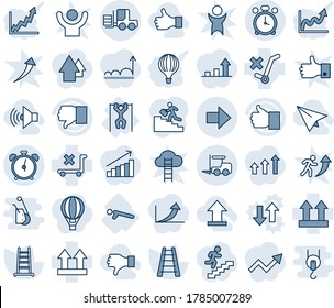 Blue tint and shade editable vector line icon set - alarm clock vector, fork loader, right arrow, ladder, push ups, pull, up side sign, no trolley, finger, down, career, volume max, uplooad, like