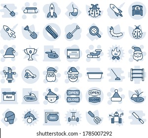 Blue tint and shade editable vector line icon set - trap truck vector, santa claus, christmas hat, sleigh, elf, job, garden fork, shovel, lady bug, caterpillar, pond, bacteria, stomach, medical mask