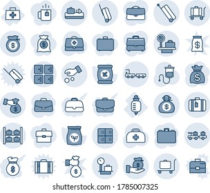 Tinta azul y sombra editable conjunto de iconos de línea vector - vector maleta, transportador de equipaje, carro, larguería, guardaequipaje, báscula, chequera, camión, habitación, estuche, bolsa de dinero, fertilizante, médico, cuentagotas