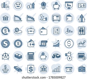 Blue tint and shade editable vector line icon set - safe vector, receipt, dollar coin, cash, smile, bank, calendar, account statement, piggy, pay, wallet, check, bar graph, point, contract, arrow up