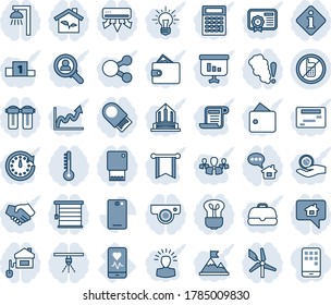 Blue tint and shade editable vector line icon set - no mobile vector, heart monitor, phone back, home control, eco house, web camera, air conditioner, water filter, smoke detector, thermometer, bulb
