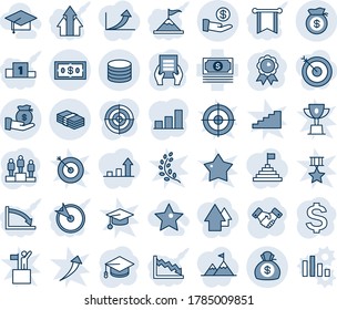 Blue tint and shade editable vector line icon set - handshake vector, dollar sign, pedestal, medal, graduate, document, cash, coin, money bag, investment, bar graph, target, hat, star, arrow up