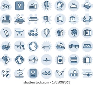 Blue tint and shade editable vector line icon set - taxi vector, reception bell, passport, globe, baggage larry, plane, airport building, suitcase, bus, sign post, boarding passengers, sleigh, bike