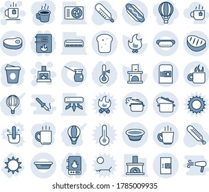 Blue tint and shade editable vector line icon set - coffee machine vector, fireplace, tea, fire, thermometer, sun, air conditioner, bread, steak, hot dog, bowl, steaming pan, turkish, water heater