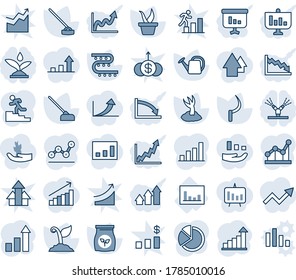 Blue tint and shade editable vector line icon set - growth statistic vector, seedling, watering can, sproute, hoe, sickle, fertilizer, drip irrigation, statistics, bar graph, pie, point, arrow up