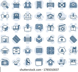 Blue tint and shade editable vector line icon set - checkroom vector, gift, bow, merry christmas message, sleigh, doctor case, pills blister, milk, container, cargo, warehouse storage, up side sign