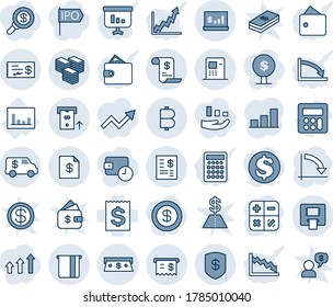 Blue tint and shade editable vector line icon set - calculator vector, crisis graph, statistics, receipt, bitcoin, big cash, safe, atm, account statement, encashment car, check, history, bar, wallet