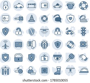 Blue tint and shade editable vector line icon set - plane radar vector, security gate, alarm car, barrier, safety, terrorism, road cone, safe, lock, glove, boot, hose, heart shield, first aid room