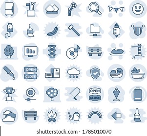 Blue tint and shade editable vector line icon set - clouds vector, snowmobile, flag garland, pennant, statistic monitor, bench, dropper, hospital building, drop counter, traffic light, low battery