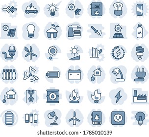 Blue tint and shade editable vector line icon set - bulb vector, factory, fire, pull ups, milk, oil barrel, battery, brightness, charge, desk lamp, sun panel, home control, eco house, socket, idea