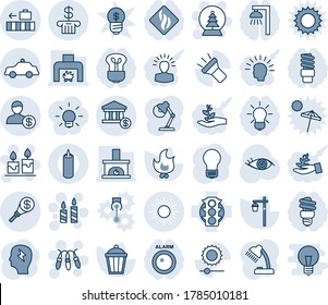 Blue tint and shade editable vector line icon set - sun vector, baggage, safety car, garland, candle, snowball tree, brainstorm, bulb, fire, garden light, eye, traffic, torch, brightness, account