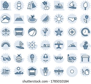 Blue tint and shade editable vector line icon set - sun vector, clouds, flower in pot, lady bug, pond, picnic table, fruit tree, mountains, restaurant, alcove, clock around, sunglasses, drink, pool