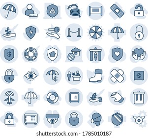 Blue tint and shade editable vector line icon set - fence vector, passport control, security gate, umbrella, trash bin, safe, lock, plane radar, glove, boot, hose, patch, heart shield, hand, medical