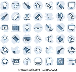 Blue tint and shade editable vector line icon set - trap truck vector, small plane, helicopter, presentation board, bulb, job, pencil, garden fork, shovel, rake, well, bladder, broken bone, sun, pc