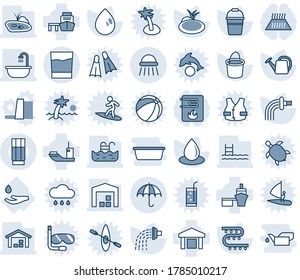 Blue tint and shade editable vector line icon set - insurance vector, shower, watering can, bucket, water drop, pond, drip irrigation, hand, sea shipping, port, warehouse, pool, bathroom, drink