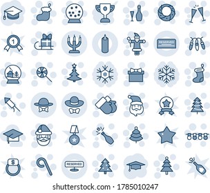 Blue tint and shade editable vector line icon set - christmas tree vector, gift, santa claus, sock, garland, gloves, lollipop, firework rocket, wreath, wine, glasses, champagne, snowball house, hat