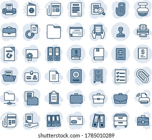 Blue tint and shade editable vector line icon set - passport vector, identity, stamp, office binder, document search, reload, news, folder, annual report, case, paper clip, checklist, printer, book