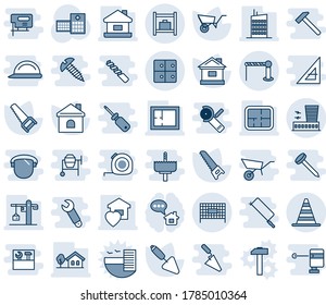 Blue tint and shade editable vector line icon set - barrier vector, border cone, airport building, fenced area, baggage room, trowel, wheelbarrow, saw, house, hospital, with tree, plan, sweet home