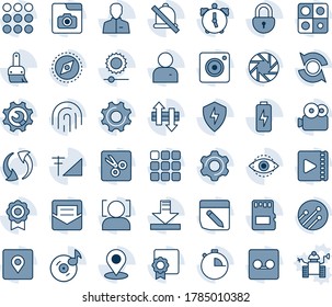 Tinta azul y sombra editable conjunto de iconos de línea vector - vector de menú, actualización, cámara móvil, proteger, configuración, temas, usuario, alarma, cronómetro, correo, registro, sd, red, notas, intercambio de datos, descarga