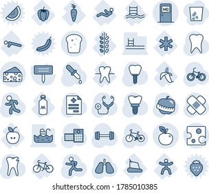 Blue tint and shade editable vector line icon set - medical room vector, plant label, diagnosis, stethoscope, dropper, patch, barbell, bike, run, lungs, tooth, caries, implant, diet, hospital, apple