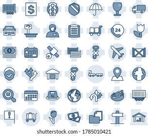 Blue tint and shade editable vector line icon set - plane vector, baggage, truck, route, signpost, earth, pin, important flag, store, satellite, cash, traffic light, 24 hours, support, trailer, term