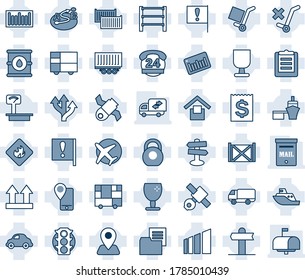 Blue tint and shade editable vector line icon set - route vector, signpost, navigation, important flag, plane, satellite, traffic light, 24 hours, mobile tracking, sea shipping, truck trailer, port
