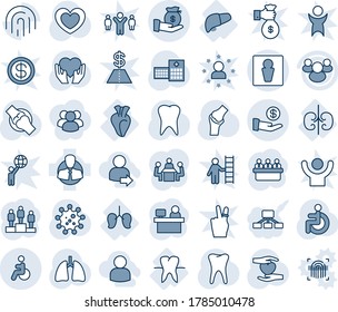 Blue tint and shade editable vector line icon set - male vector, disabled, pedestal, meeting, manager place, heart, hand, lungs, tooth, joint, hospital, virus, liver, kidneys, client, group, user