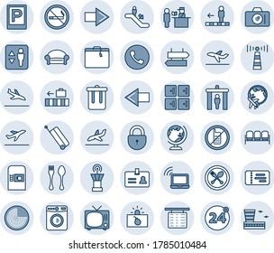 Blue tint and shade editable vector line icon set - antenna vector, suitcase, departure, arrival, parking, spoon and fork, 24 around, coffee machine, security gate, elevator, escalator, phone, tv