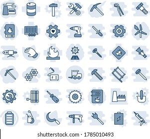 Blue tint and shade editable vector line icon set - fork loader vector, factory, glove, sickle, heart gear, truck trailer, flammable, oil barrel, battery, root setup, water heater, sun panel, job