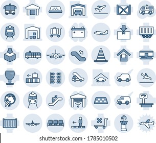 Blue tint and shade editable vector line icon set - taxi vector, departure, arrival, train, escalator, border cone, plane, globe, airport tower, baggage, bus, travolator, down, waiting area, seats