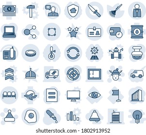 Blue tint and shade editable vector line icon set - waiting area vector, identity, christmas hat, deer, office building, document, rake, dropper, eye, flag, plane, cash, oil barrel, speaker, coin