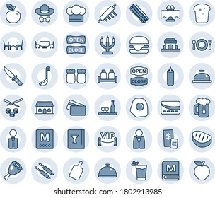 Blue tint and shade editable vector line icon set - waiter vector, dish, alcohol, restaurant table, cafe, cook hat, wine card, menu, reception, phyto bar, beer, bacon, salt and pepper, bread, candle