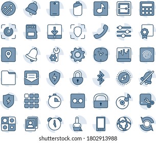 Blue tint and shade editable vector line icon set - mobile vector, phone back, call, menu, protect, settings, tuning, themes, calculator, clock, alarm, stopwatch, bell, mail, record, scanner, sd