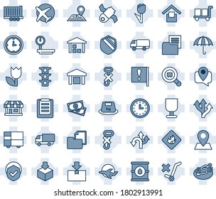 Blue tint and shade editable vector line icon set - route vector, navigation, pin, important flag, store, plane, satellite, cash, traffic light, mobile tracking, truck trailer, car delivery, clock