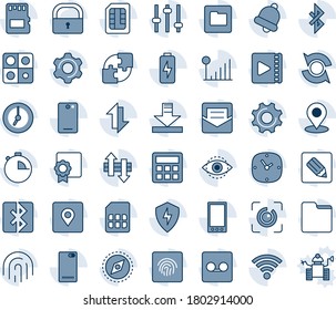 Blue tint and shade editable vector line icon set - mobile vector, phone back, protect, settings, tuning, calculator, clock, stopwatch, bell, mail, record, sd, sim, folder, notes, data exchange