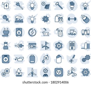 Blue tint and shade editable vector line icon set - fork loader vector, factory, fire, ripper, barbell, speaker, low battery, rca, charge, sun panel, windmill, home control, socket, power plug, bulb