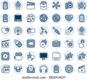 Blue tint and shade editable vector line icon set - tv vector, clapboard, reel, vinyl, flame disk, camera, radio, antenna, satellite, news, loudspeaker, video, microphone, network, touch screen, low