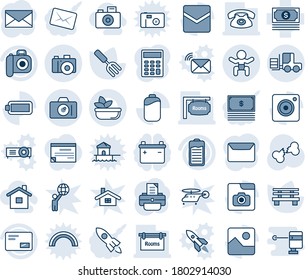Tinta azul y sombra editable conjunto de iconos de línea vector - vector de cámara, bebé, cargador de horquilla, correo, impresora, jardín, banco, hueso roto, efectivo, batería, móvil, galería, foto, calculadora, habitaciones, teléfono, hogar