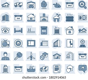 Blue tint and shade editable vector line icon set - office building vector, house, contract, with garage, tree, pond, pool, mailbox, sun panel, windmill, fruit, warehouse, plan, sale, rent, rooms