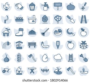 Blue tint and shade editable vector line icon set - trowel vector, shovel, rake, ladder, wheelbarrow, watering, glove, boot, lady bug, fire, seedling, water drop, rain, well, sickle, axe, bench