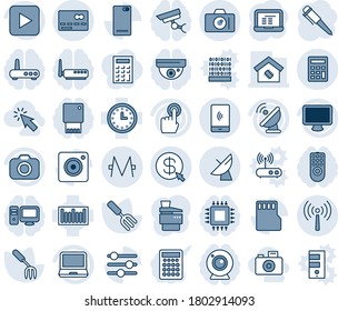 Blue tint and shade editable vector line icon set - antenna vector, credit card, camera, satellite, pen, notebook pc, garden fork, clock, barcode, touch screen, monitor, laptop, play button, mobile