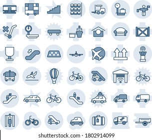 Blue tint and shade editable vector line icon set - taxi vector, escalator, waiting area, fork loader, ladder car, plane, seat map, airport tower, traffic controller, arrival, suitcase, bus, up