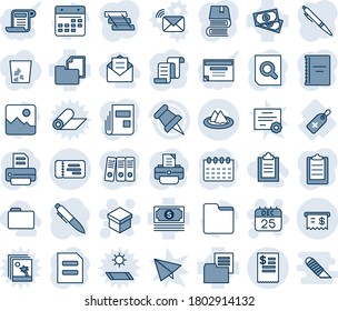 Blue tint and shade editable vector line icon set - ticket vector, gift, 25 dec calendar, contract, document search, pen, printer, medical label, cash, folder, paper pin, gallery, receipt, clipboard
