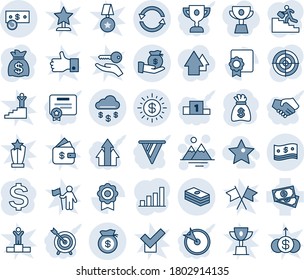 Blue tint and shade editable vector line icon set - mountains vector, dollar sign, money bag, cash, sertificate, exchange, rain, sun, investment, bar graph, target, career ladder, star, arrow up