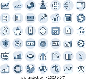 Blue tint and shade editable vector line icon set - safe vector, growth statistic, dollar sign, crisis graph, cash, calculator, euro, yen, mobile payment, coin, exchange, insurance, smile, atm, bar