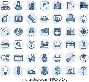 Blue tint and shade editable vector line icon set - gear vector, office building, chair, dollar sign, pedestal, document search, graduate, desk, notebook pc, tie, money bag, crisis graph, meeting