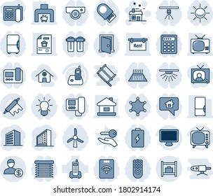 Blue tint and shade editable vector line icon set - baggage room vector, house, office building, phone, tv, monitor, radio, account, estate document, rent, fireplace, fridge, rolling pin, home, bulb